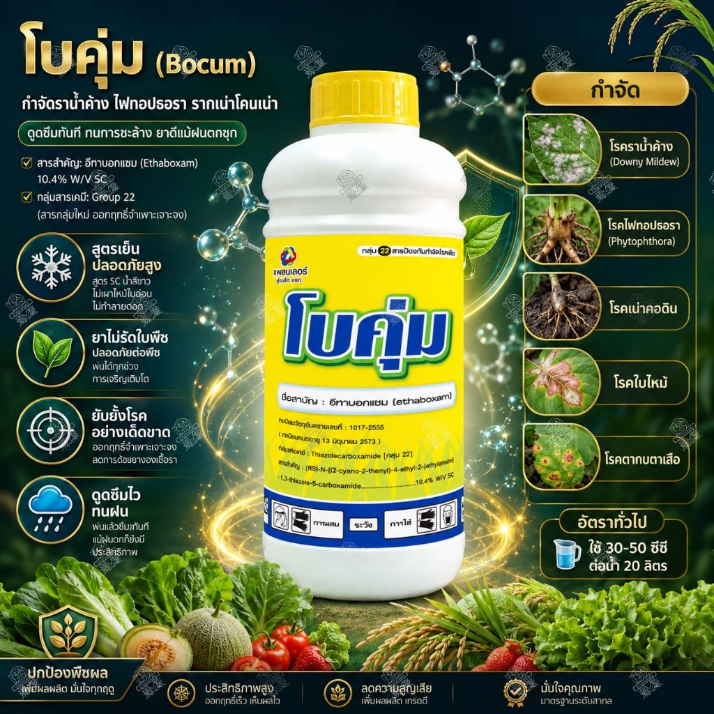 ยาเชื้อรา โบคุ่ม 500cc และ 1 ลิตร สารอีทาบอกแซม แก้โรคราน้ำค้างในแตง ไฟทอปธอราทุเรียน รากเน่าโคนเน่า