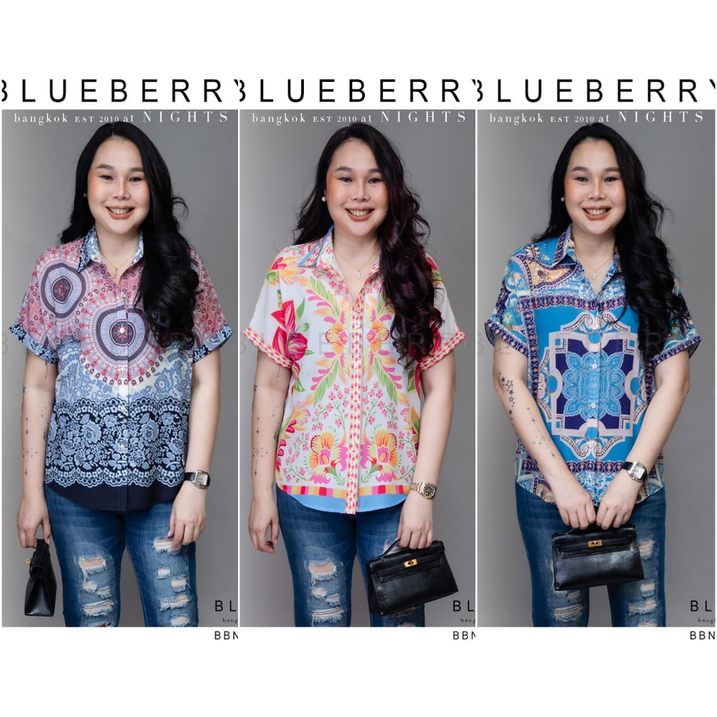 BLUEBERRY NIGHTS  L4185  เสื้อเชิ้ต แขนสั้น ผ้าโพลิเอสเตอร์เบลนด์ พิมพ์ลายทั้งตัวสีสันสดใส