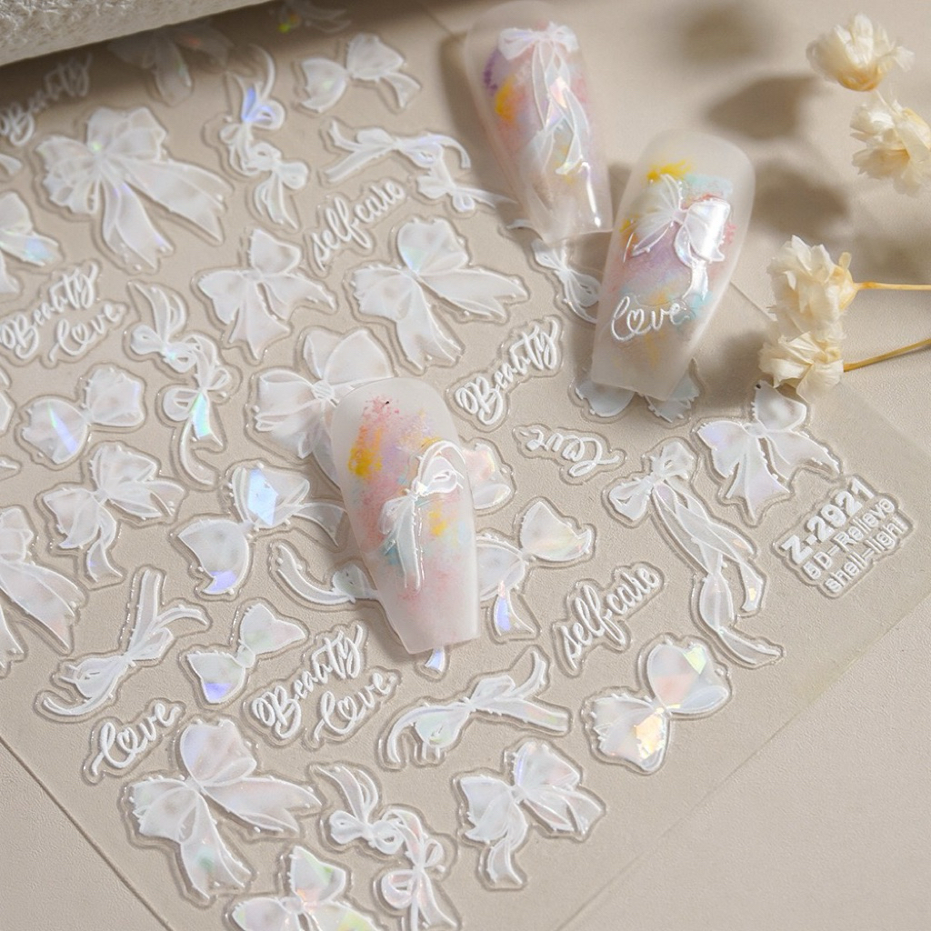 สติ๊กเกอร์ติดเล็บลายนูน 5D โบว์มุกเงา ✨🎀  เพิ่มความหวานให้ปลายนิ้วด้วยลายโบว์นูนสุดละมุน สไตล์คุณหนูเกาหลี ติดง่าย สวยไว