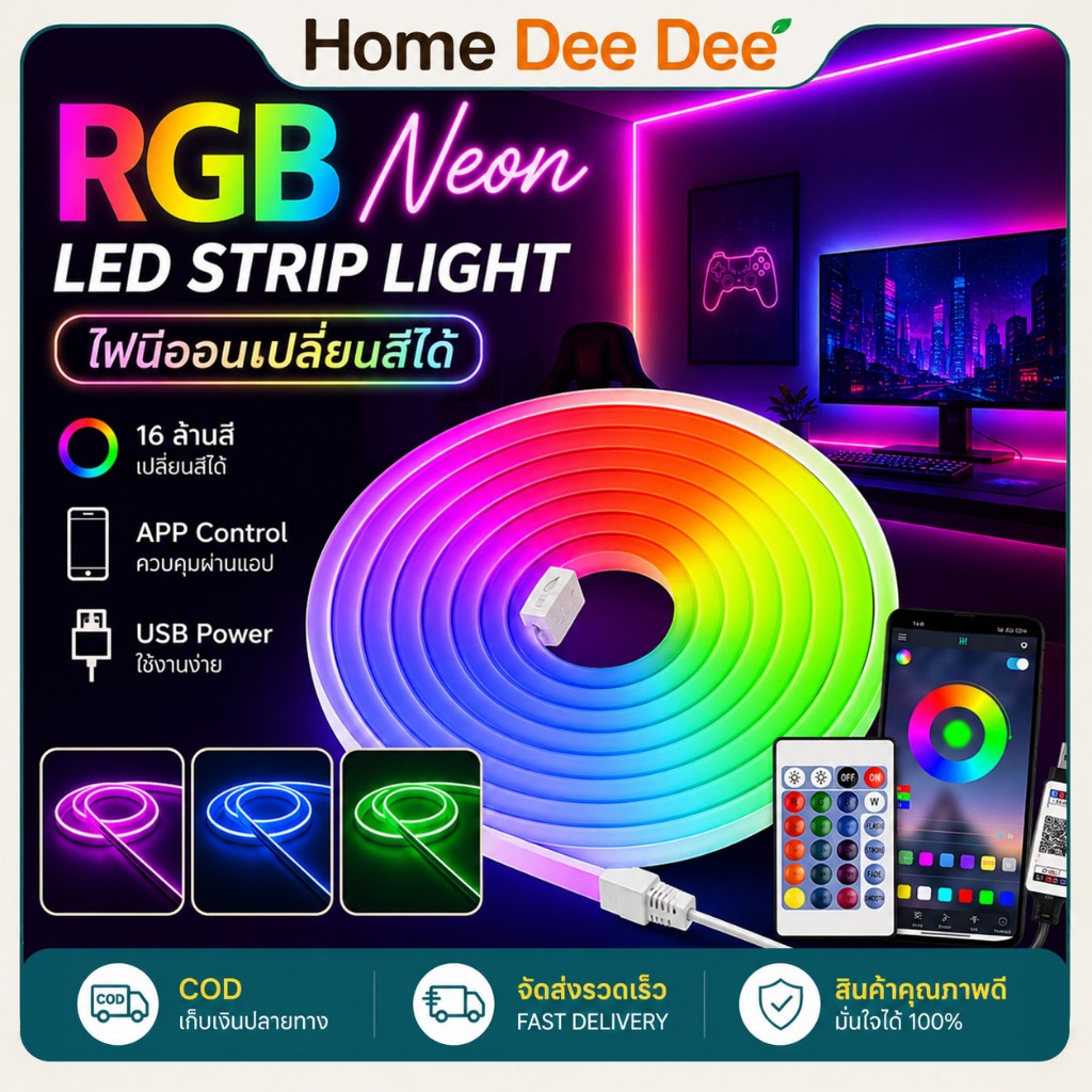 ไฟเส้น LED นีออน Neon Strip Light ควบคุมผ่าน APP และรีโมท เปลี่ยนสีได้ กันน้ำ ไฟแต่งห้อง