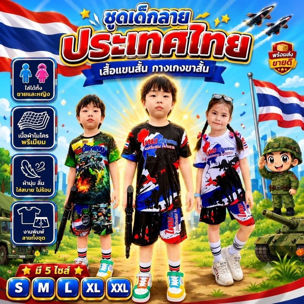 ชุดเด็กรุ่นรักชาติ ประเทศไทย ทหาร เสื้อแขนสั้นกางเกงขาสั้น ผ้าไมโครเนื้อเรียบ