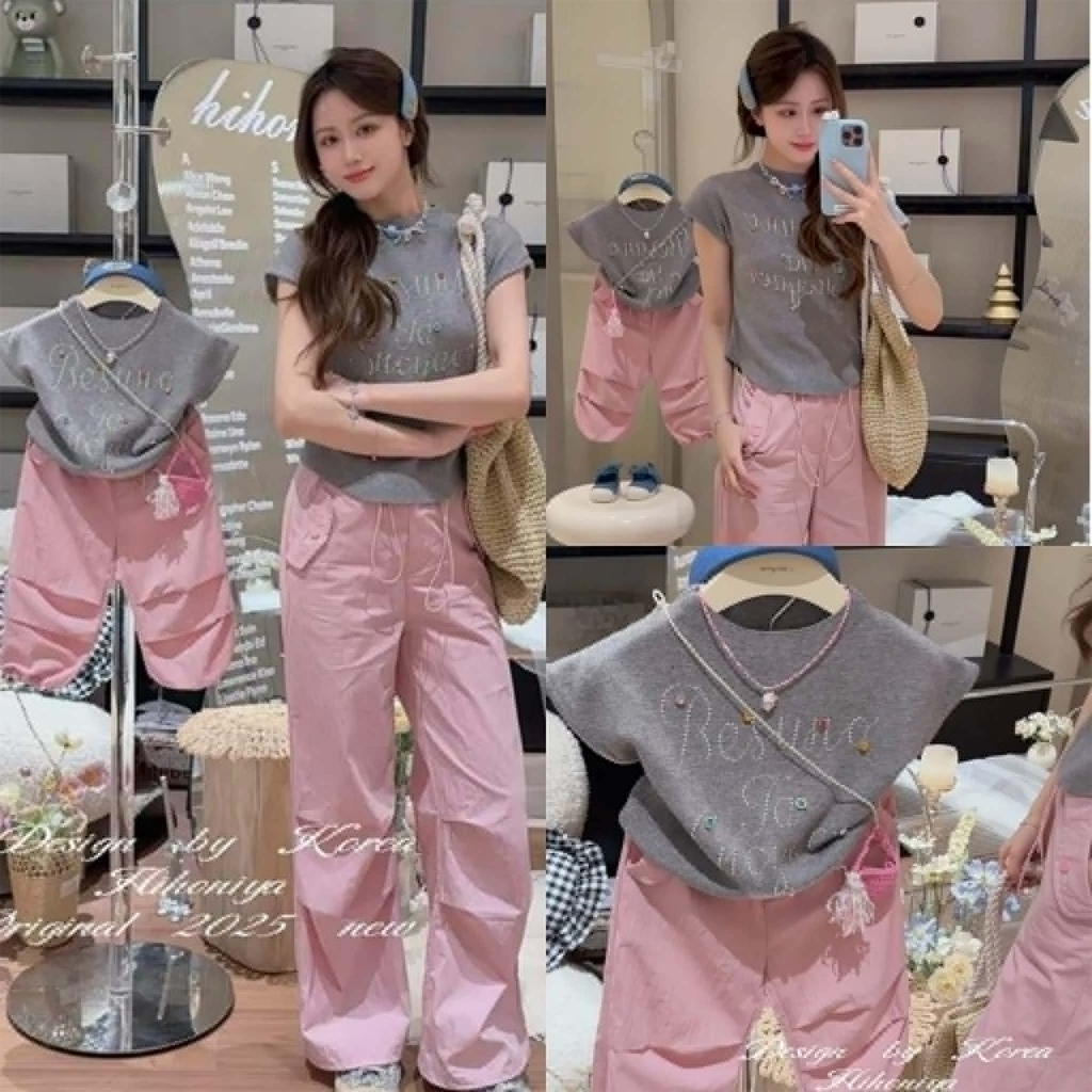 พร้อมส่งในไทย BLINK CARGO SET ชุดคู่แม่ลูก (เสื้อเทา กางเกงชมพู)