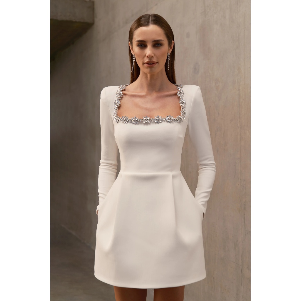 Long Sleeve Crystal A Line Dress White HV1295