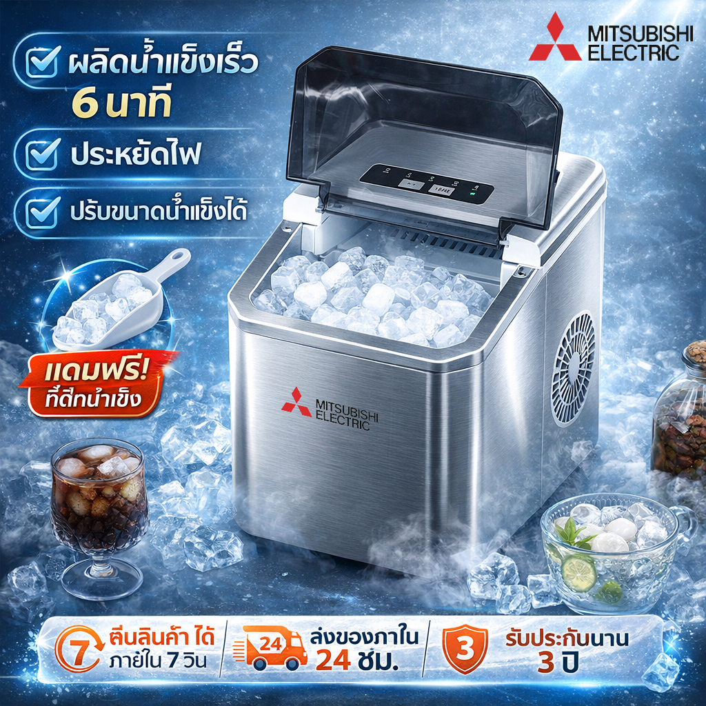 เครื่องทำน้ำแข็งอัตโนมัติ Ice Maker 1.3L ทำน้ำแข็งเร็ว 6-8 นาที รุ่นใหม่ 2026 ขนาดเล็ก ใช้ในครัวเรือน