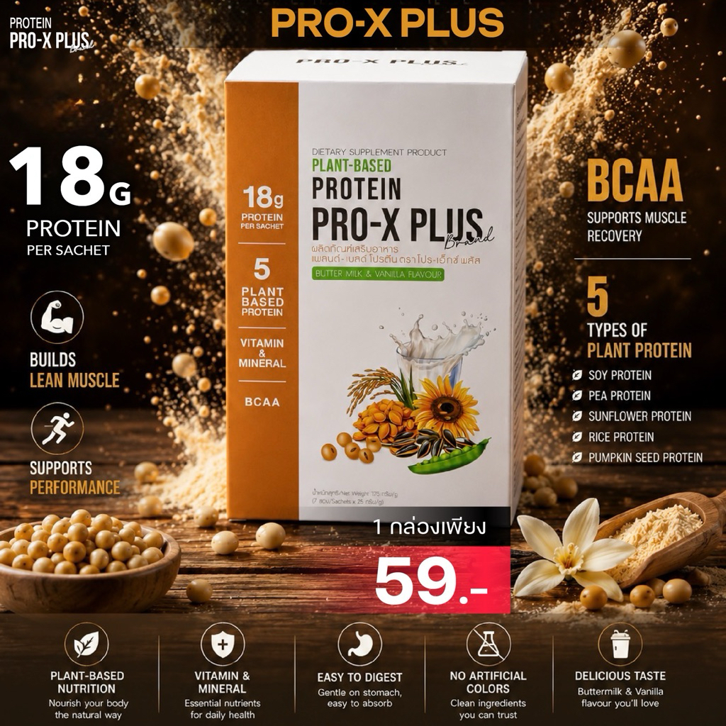 Plant Based protein Pro-X plus โปรตีนจากพืช 5 ชนิด  1 กล่อง 59.-