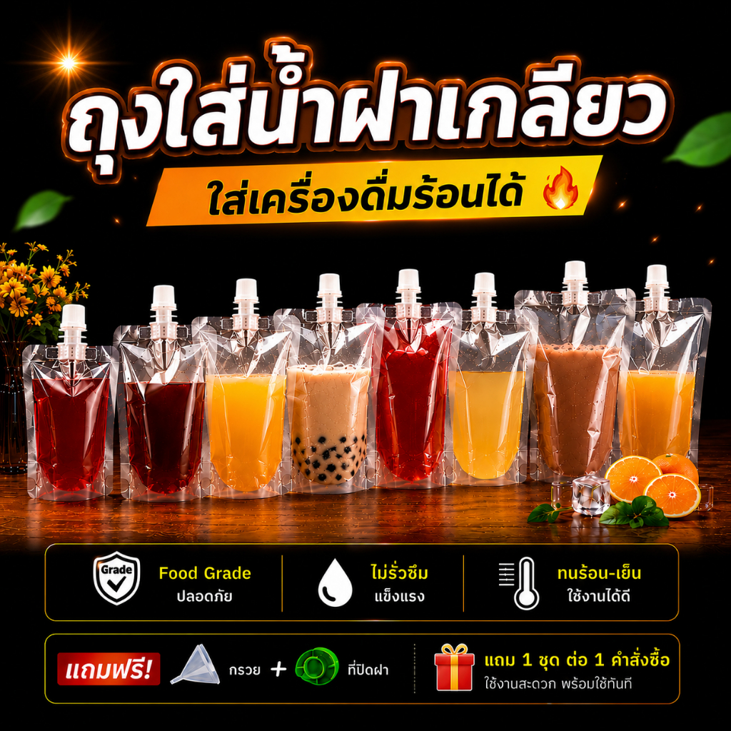 (50 ใบ) ถุงฝาเกลียว ก้นตั้งได้ ถุงใส่น้ำ ถุงใส่น้ำจิ้ม ใส่เยลลี่ แถมฟรี กรวยกรอก + ฝาปิด