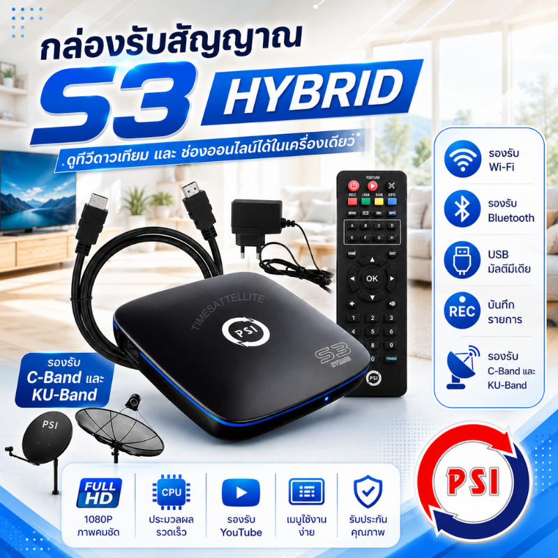 กล่องรับสัญญาณดาวเทียมPSI S3 HYBRID ดูทีวี-หนังออนไลน์ ไม่มีจานก็ดูได้”