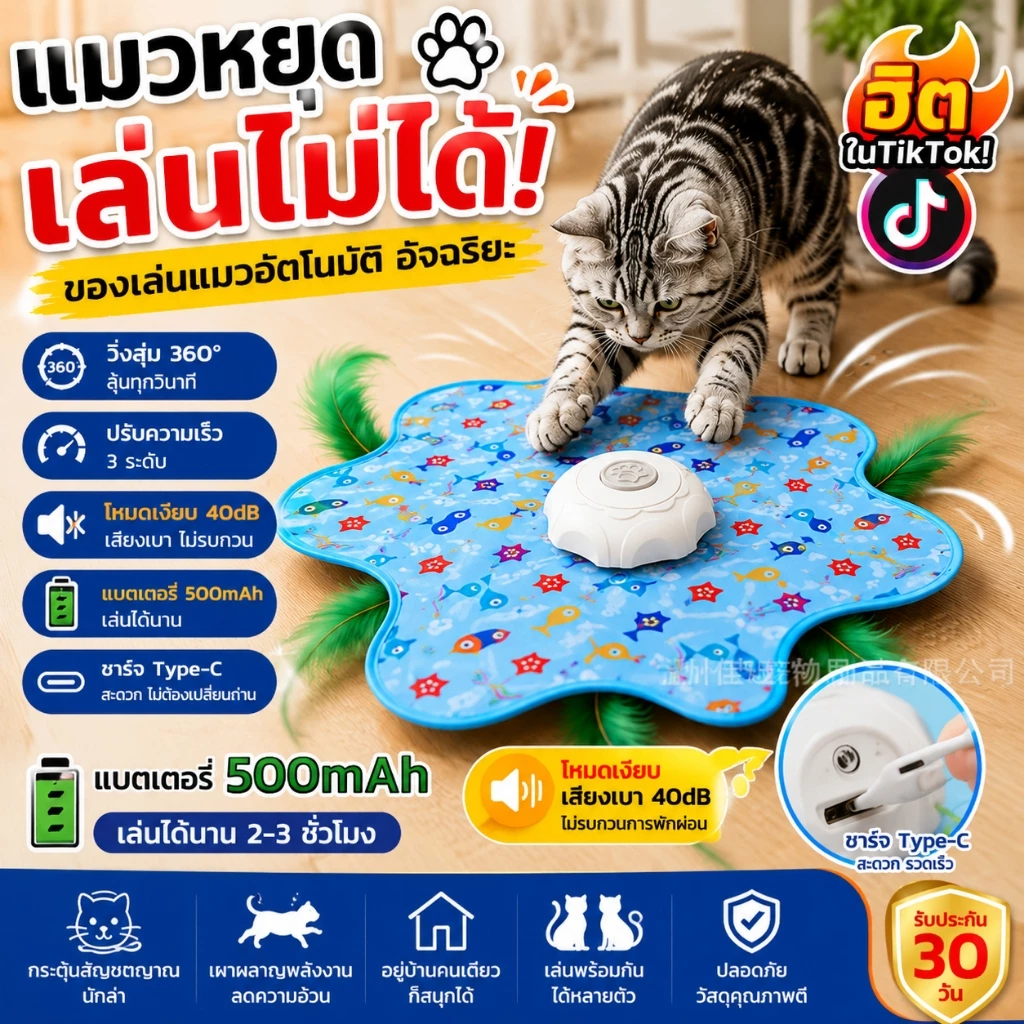 😻 แมวหยุดเล่นไม่ได้! ของเล่นแมวอัจฉริยะ วิ่งสุ่ม 360° โหมดเงียบ ชาร์จ USB Type-C ลดความเครียด เผาผลาญพลังงาน