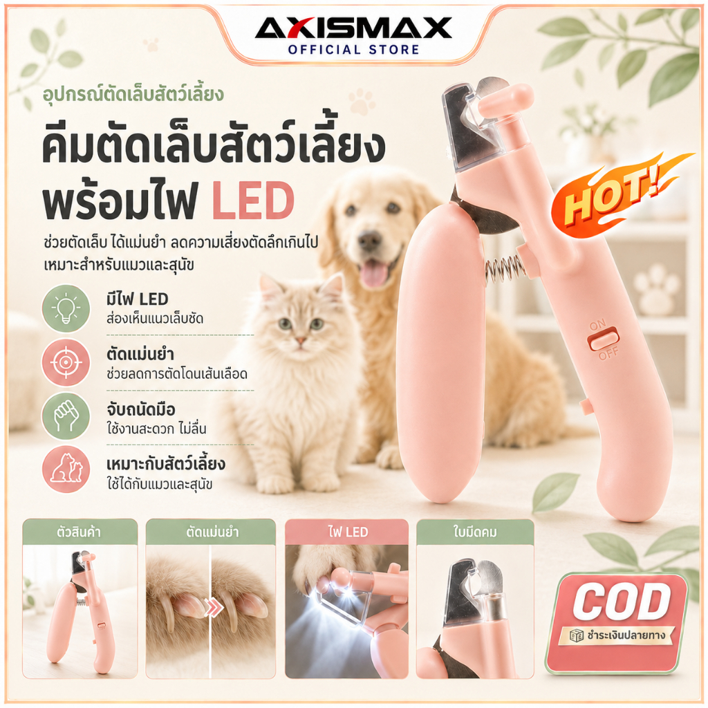 COD กรรไกรตัดเล็บแมว สุนัข มืออาชีพ พร้อมไฟ LED ป้องกันเลือดออก ตะไบเหล็กซ่อน ปลอดภัย ใช้งานง่าย