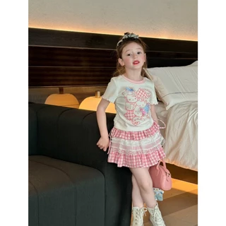 BB320 ชุดเด็กผู้หญิง 2 ชิ้น เสื้อยืดลายแมวน่ารัก + กระโปรงสก็อตชมพูแต่งลูกไม้