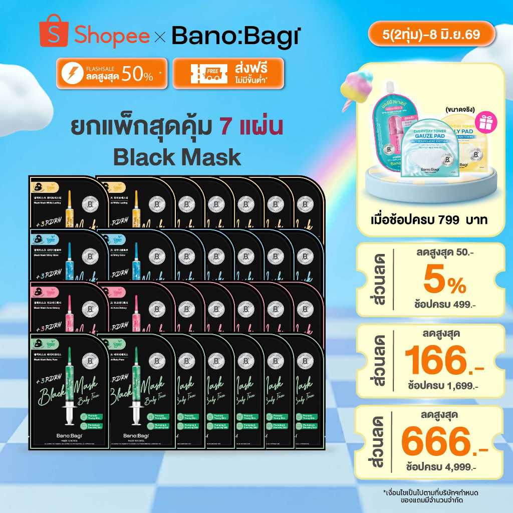 [เซต 7 แผ่น] BANOBAGI Black Mask บาโนบากิ แบล็ค มาสก์
