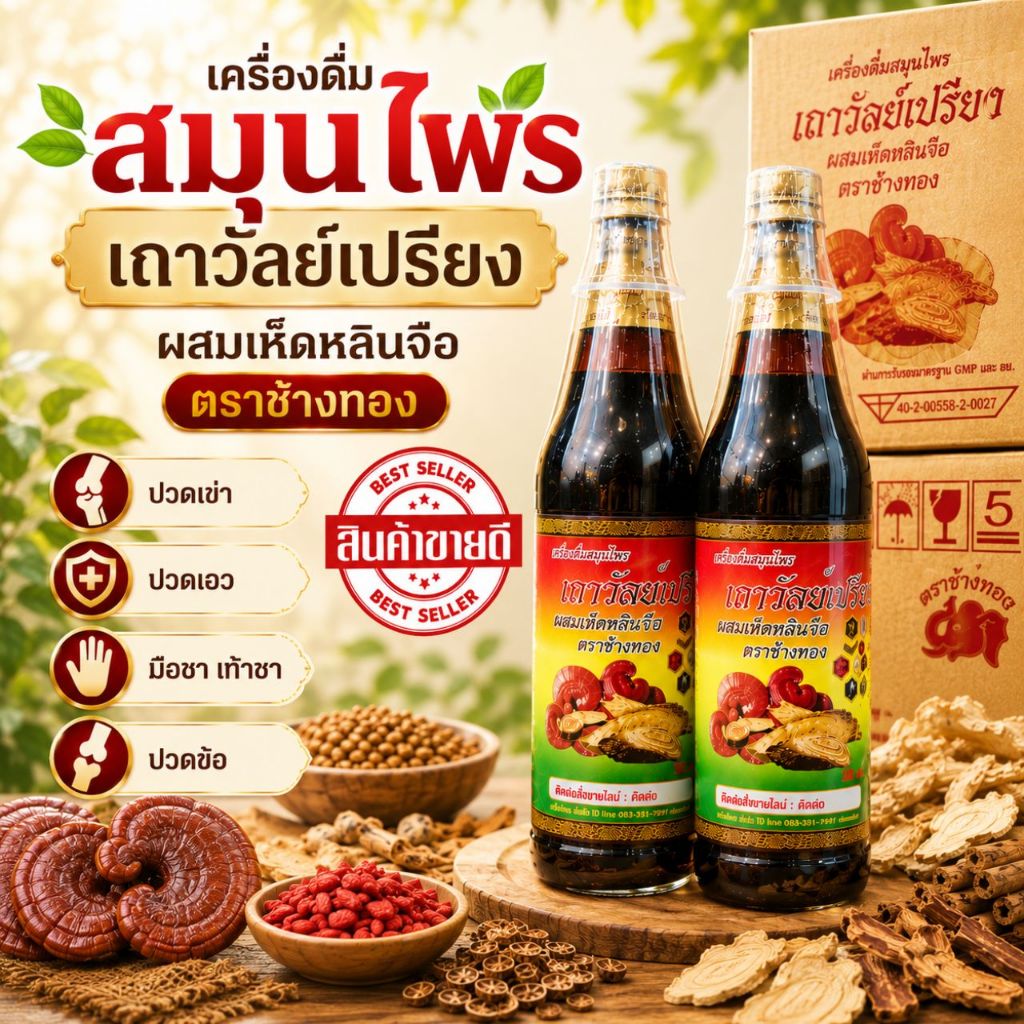 เครื่องดื่มสมุนไพร ปรับสมดุลให้ร่างกาย สร้างภูมิคุ้มกัน เถาวัลย์เปรียงผสมเห็ดหลินจือ ตราช้างทอง