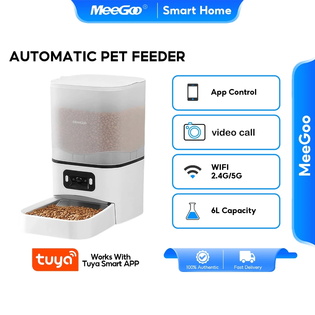 MeeGoo WiFi เครื่องให้อาหารอัตโนมัติ 6L ตั้งเวลาให้อาหาร pet Feeder พร้อมกล้องวิดีโอ เหมาะสำหรับสุนัขและแมว เชื่อมTUYA