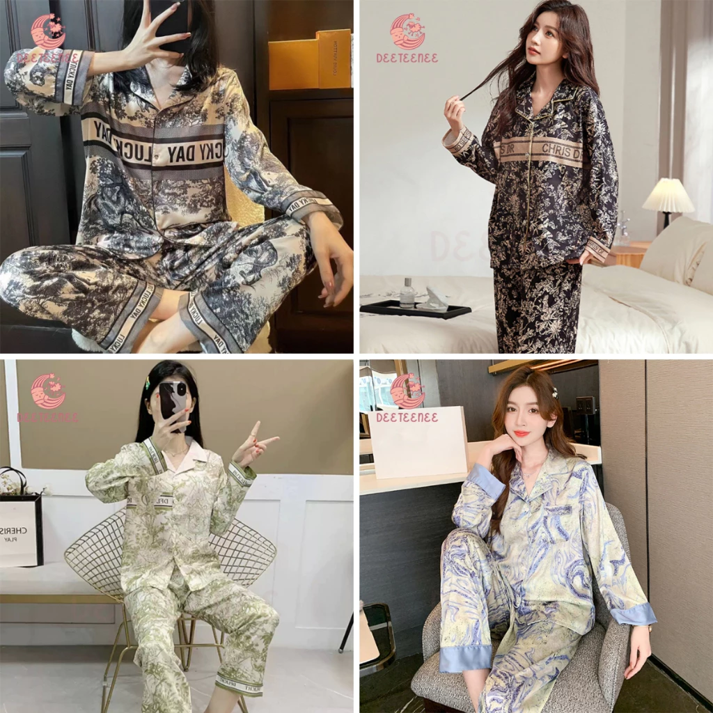 deeteenee ชุดนอน แขนยาวขายาว คอปก ผู้หญิง น่ารักๆผ้าซาตินนิ่มใส่สบาย สีสวยสด สไตล์เกาหลี