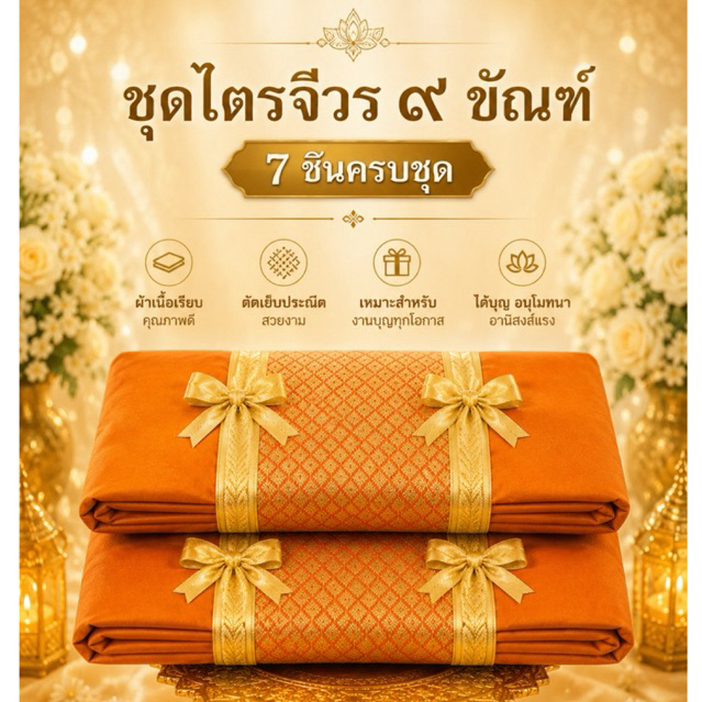 ผ้าไตรมิสลิน 9 ขันธ์อย่างดี 👍 ของแท้100% เกรดAA⭐4289