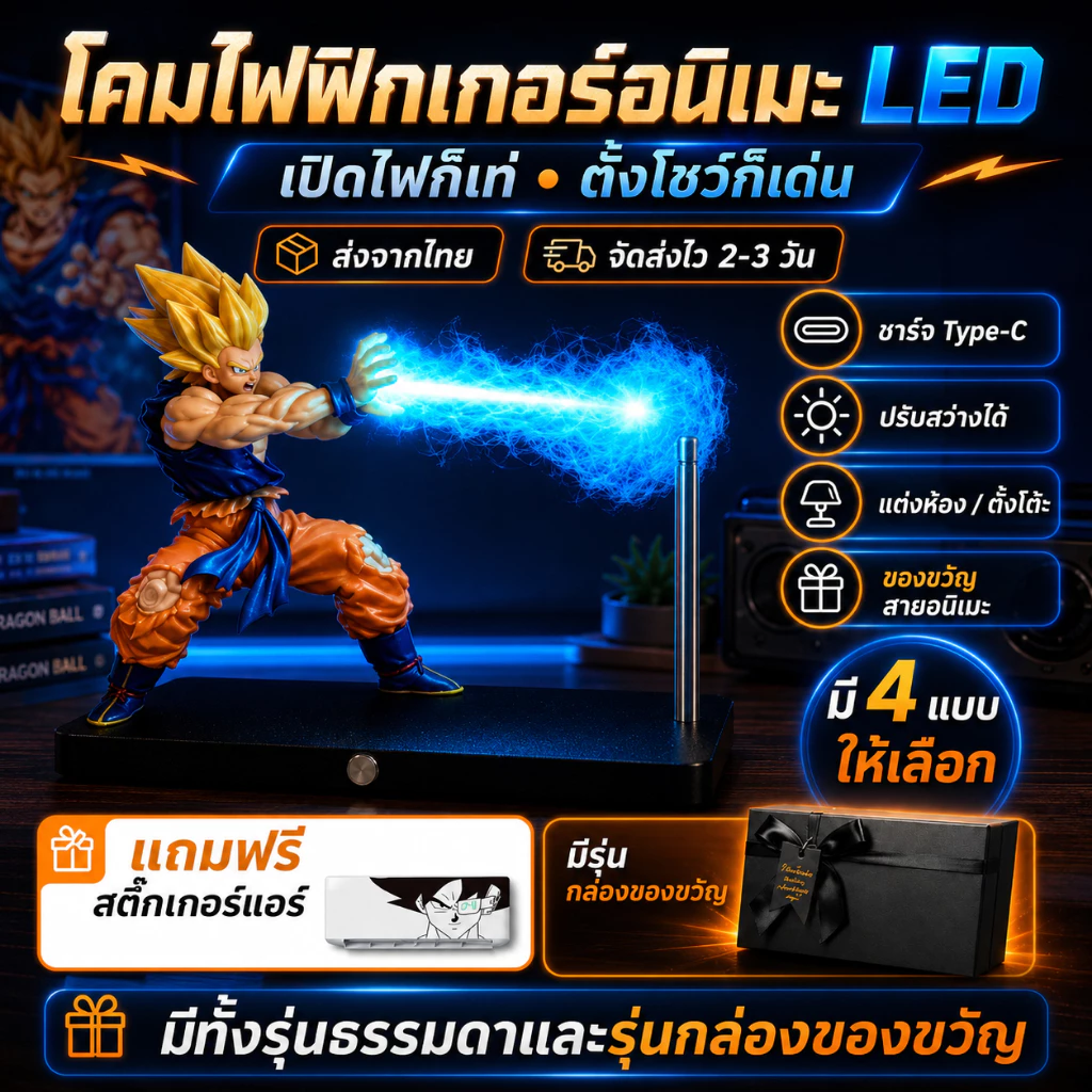 โคมไฟฟิกเกอร์อนิเมะ LED เอฟเฟกต์พลังแสง ชาร์จ Type-C ไฟตั้งโต๊ะ ของตกแต่งห้อง ของสะสม ของขวัญสำหรับแฟนอนิเมะ