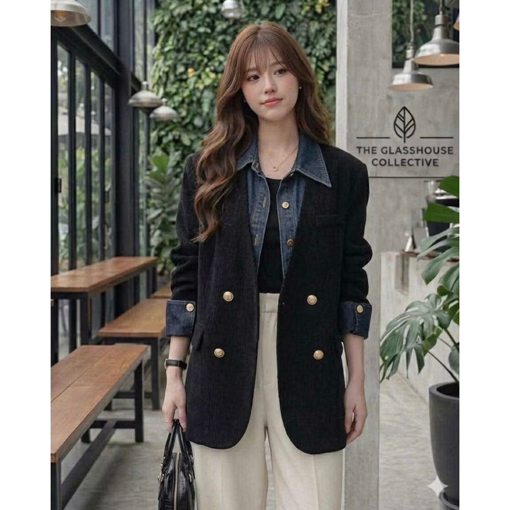 E54 สูทเบเซอแต่งแถบยีนส์ ผ้าริบลูกฟูก งานสุดเก๋ พร้อมส่ง