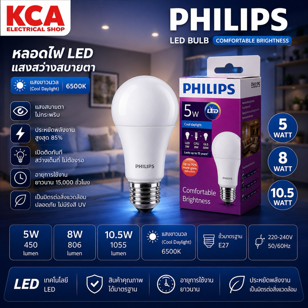 หลอดไฟฟิลิปส์ PHILIPS LED BULB 5W 8W 10.5W 14.5W Comfortable Brightness หลอดประหยัดไฟ ((กล่องยับ))