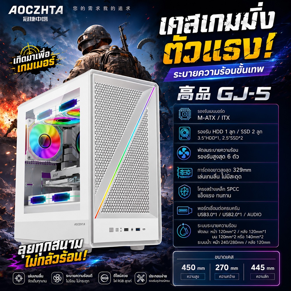เคสพีซีตั้งโต๊ะ AOC GJ-5 สีขาว ดีไซน์สวยงามแบบ Mattress TIX พร้อมหน้าต่างด้านข้าง ขนาด ATX ขนาดกะทัดรัด เหมาะสำหรับการเล