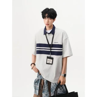 เสื้อโปโลผ้าฝ้ายแท้ ลายทางแถบตัดสีคอนทราสต์ ทรงหลวมสไตล์คาสชูอัล ผ้านุ่มอ่อนโยนต่อผิว ระบายอากาศดี