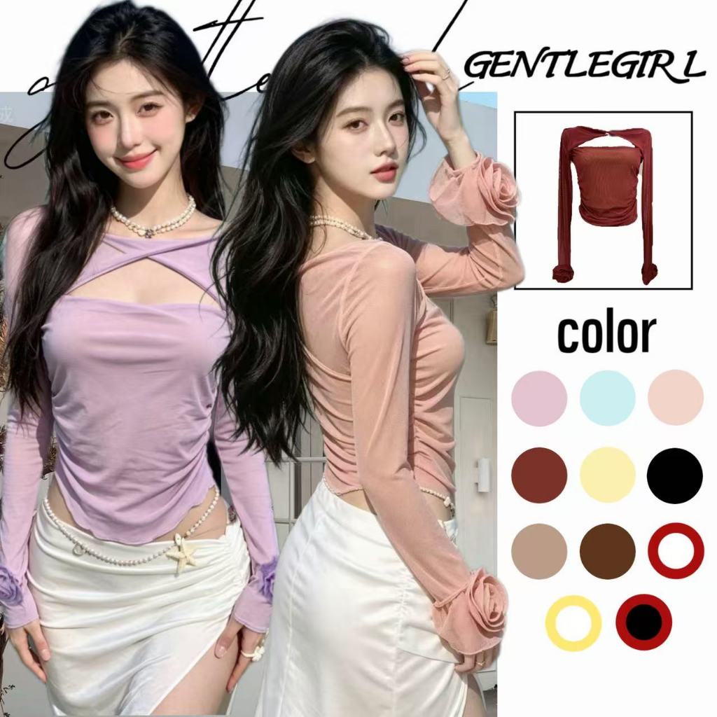 #GG🎀เสื้อตัวนี้มีดีไซน์คอต่ำแบบโปร่ง ทำจากผ้าตาข่าย มีเอวเข้ารูปเซ็กซี่ และไหล่ตั้งตรง