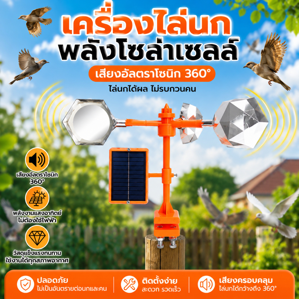 เครื่องไล่นก อัลตราโซนิคขับไล่นก ปรับระดับเสียงได้ เสียง30ชนิด อัลตราโซนิก กลางแจ้งพลังงานแสงอาทิตย์ กันน้ำ ไล่นกได้ไกล