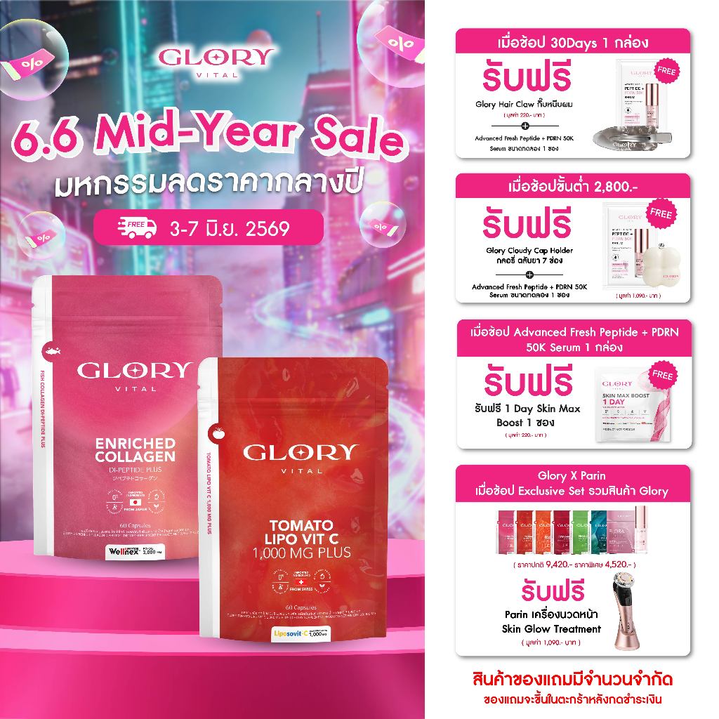 Glory Duo Set Enriched Collagen กลอรี่ คอลลาเจนไดเปปไทด์  + Tomato Lipo VitC วิตามินซีมะเขือเทศเข้มข้น