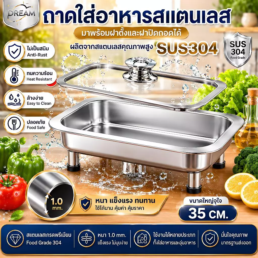 ถาดบุฟเฟ่ต์สแตนเลส พร้อมฝาแก้ว+ขาตั้ง ใส่ได้ทั้งอาหารร้อน-เย็น ทนทาน ใช้กับข้าวราดแกง-ของทอด