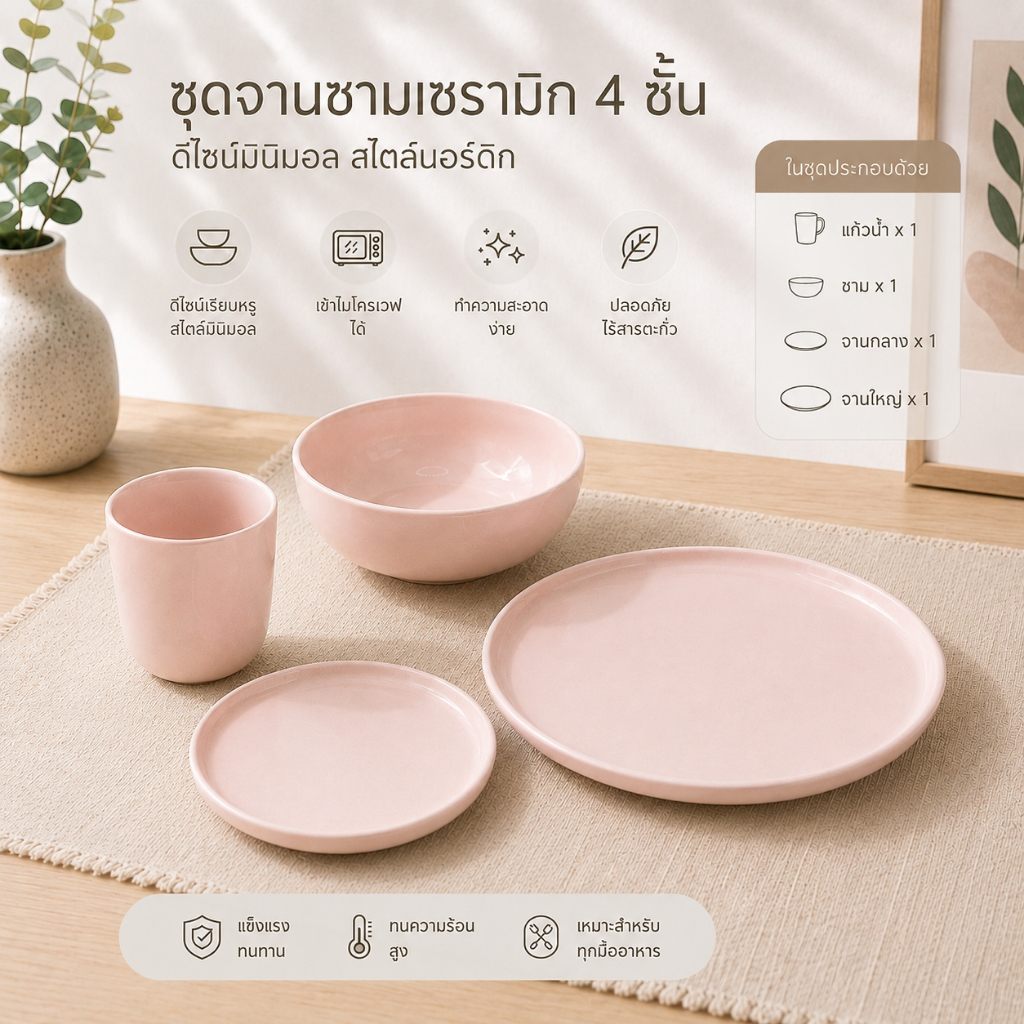 ชุดจานชามเซรามิก 4 ชิ้น Nordic Minimal แก้ว ชาม จาน สำหรับอาหารเช้า คาเฟ่ และใช้ในบ้าน