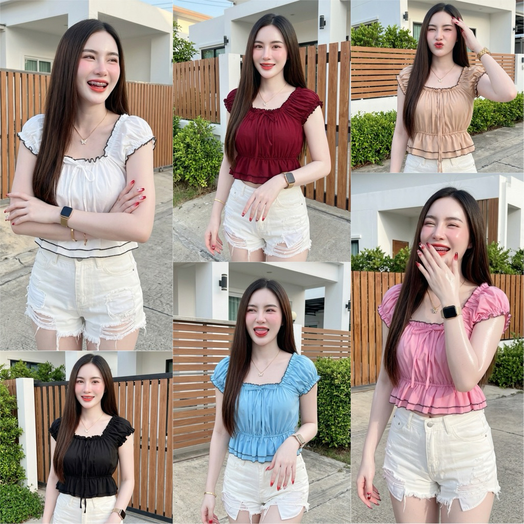 เสื้อขอบสายหยักสีพื้น จั๊มเอว น่ารักมาก