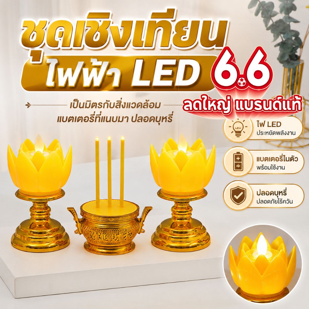 ชุดธูปเทียนไฟฟ้า LED กระถางธูปไฟฟ้า เชิงเทียนอิเล็กทรอนิกส์ เทียนปลอมใส่ถ่าน เทียนดอกบัวเหลือง บูชาพระ ครบเซ็ท