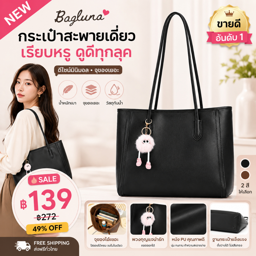 ✨รุ่นฮิต Bagluna|กระเป๋าโท้ท  สไตล์เกาหลี ผู้หญิง ใส่โน๊ตบุ๊คได้ จุเยอะ สไตล์มินิมอล ใช้งานทุกวัน