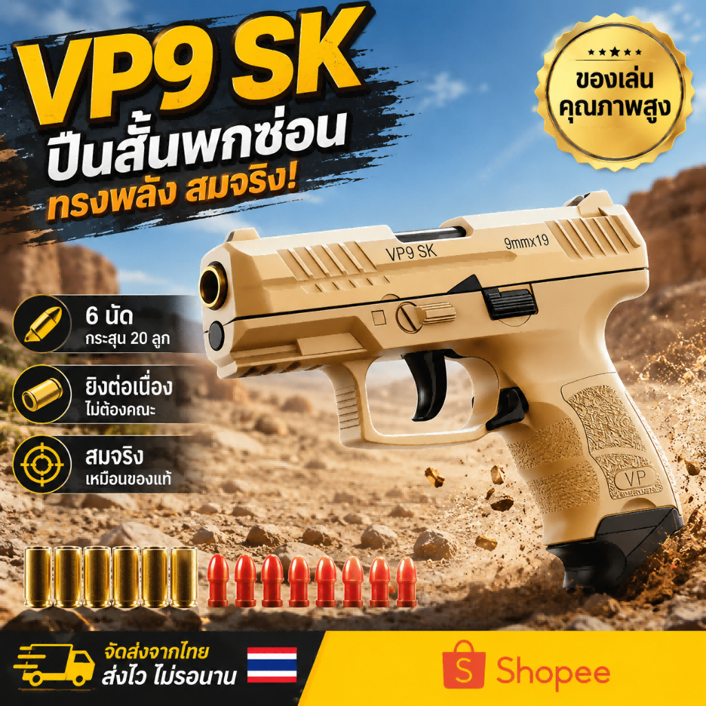 ปืนของเล่น VP9 SK รุ่นใหม่ ยิงต่อเนื่องได้ กระสุนยาง 6 ซอง เหมาะสำหรับเด็กและวัยรุ่น