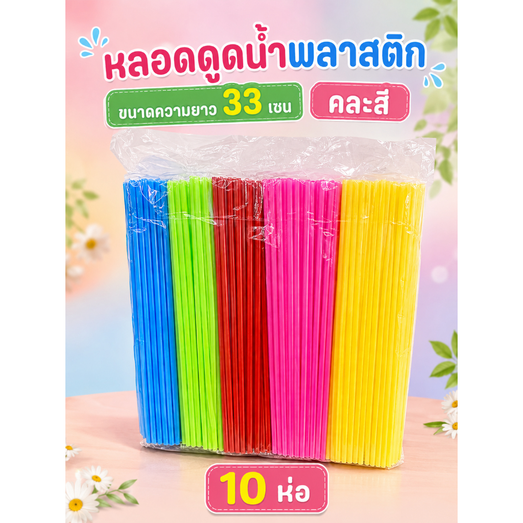 หลอดดูดน้ำ แบบยาว พลาสติก แบบยาว 33 cm ยาวพิเศษ หลอดน้ำ (10 ห่อ) คละสี