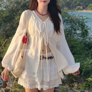 เสื้อคลุมแขนยาว ผูกโบว์หน้า เสื้อเบลาส์คอวี ผ้าแคนดี้อัดย่น สีขาวครีม สีดำ เนื้อผ้าไม่ต้องรีด ปักดีเทลดอกไม้น่ารัก (V91)