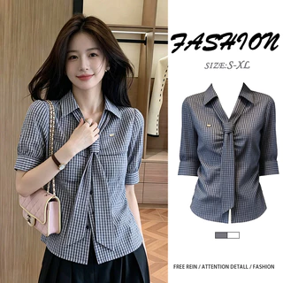 w734เสื้อเชิ้ตสตรีลายทางสีน้ำเงิน คอปก ผูกโบว์ มีสินค้าพร้อมส่งในประเทศไทย เหมาะใส่ฤดูร้อน มีไซซ์ใหญ่ สไตล์หวานน่ารัก