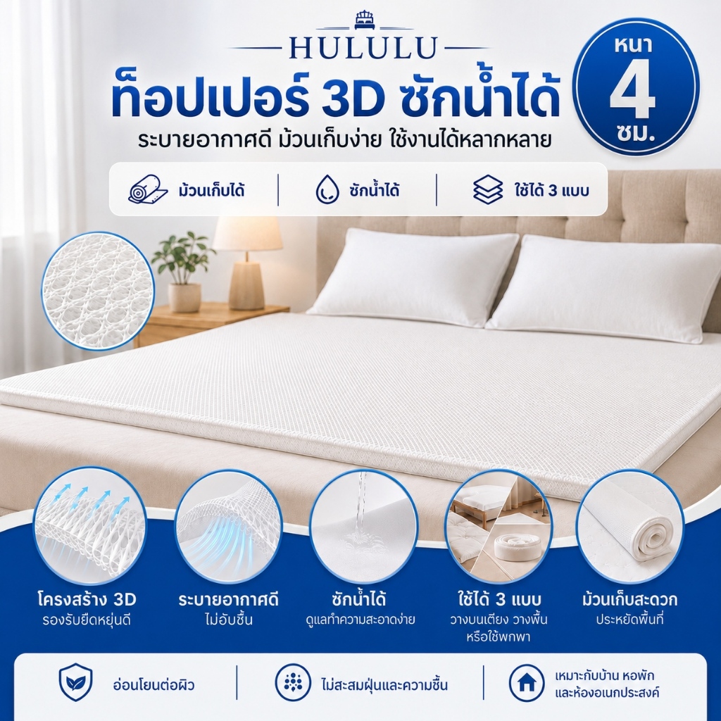 ที่นอน Fiber 60D 4ฟุต/5ฟุต/6ฟุต บางเบา ระบายอากาศดี ให้ความรู้สึกเย็นสบาย ป้องกันไรฝุ่น ทนทาน 100%