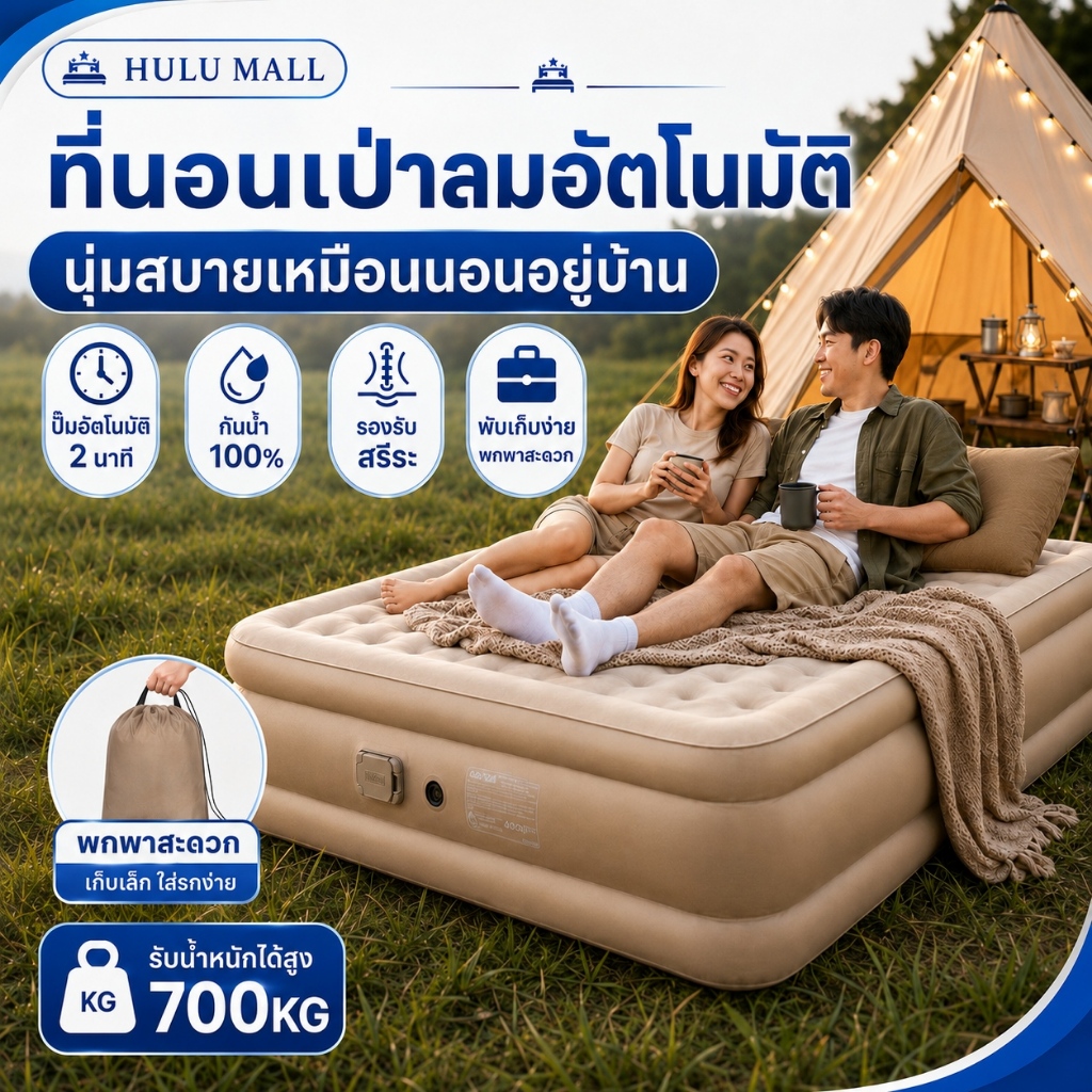 ที่นอนเป่าลมอัต พับได้ แบบพกพา หนา40/25ซม ที่นอนลมPVC พร้อมปั๊มลมในตัว