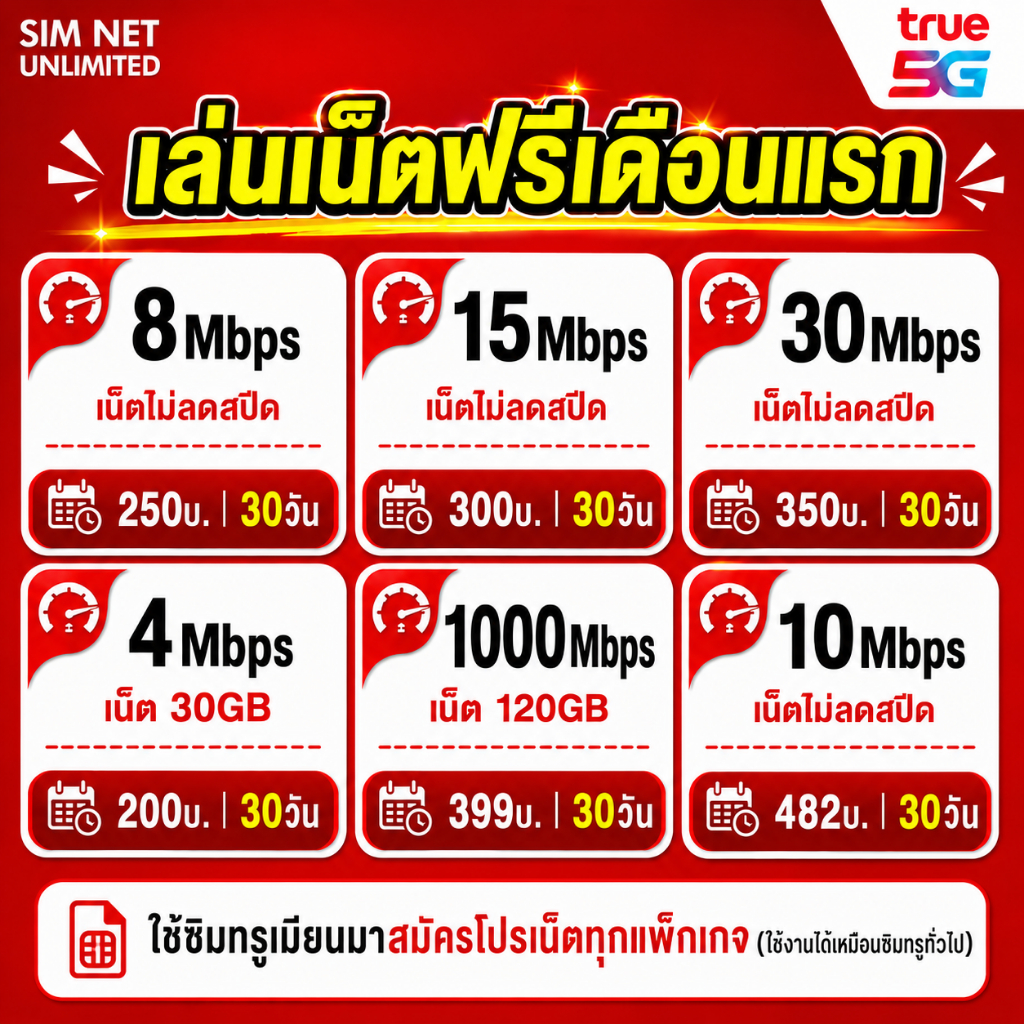 Live true (เล่นฟรีเดือนแรก) ซิมเทพเล่นเน็ตความเร็ว 8Mbps, 15Mbps, 30Mbps