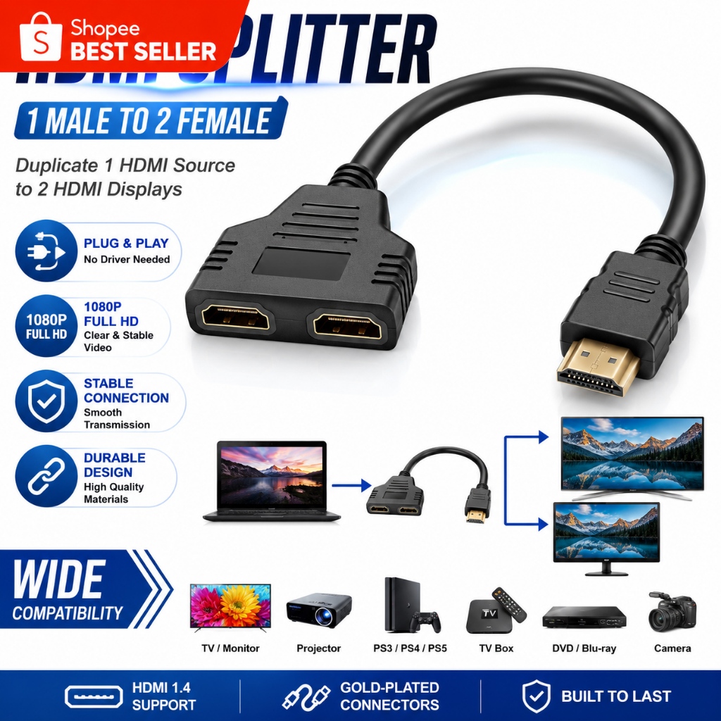 แยกสายเคเบิล HDMI 1 ใน 2 ออก HDMI ชายเป็น HDMI หญิงสำหรับ 1 ถึง 2 ช่อง ใช้สำหรับคอมพิวเตอร์ทีวี LED LCD ความละเอียดสูง
