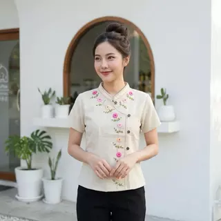 เสื้อผ้าฝ้ายผู้หญิง ทรงป้ายปักดอกเดซี่ งานปักมือ Handmade