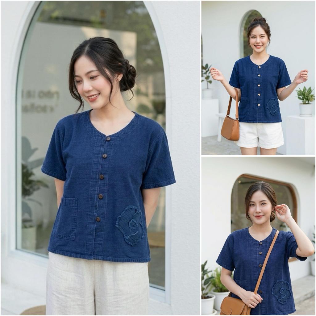 ไม้เสื้อผ้าฝ้ายฟอกสโตนวอส คอกลม แต่งดอกไม้ มีกระเป๋าใช้งานได้จริง เสื้อผ้าฝ้ายฟอก