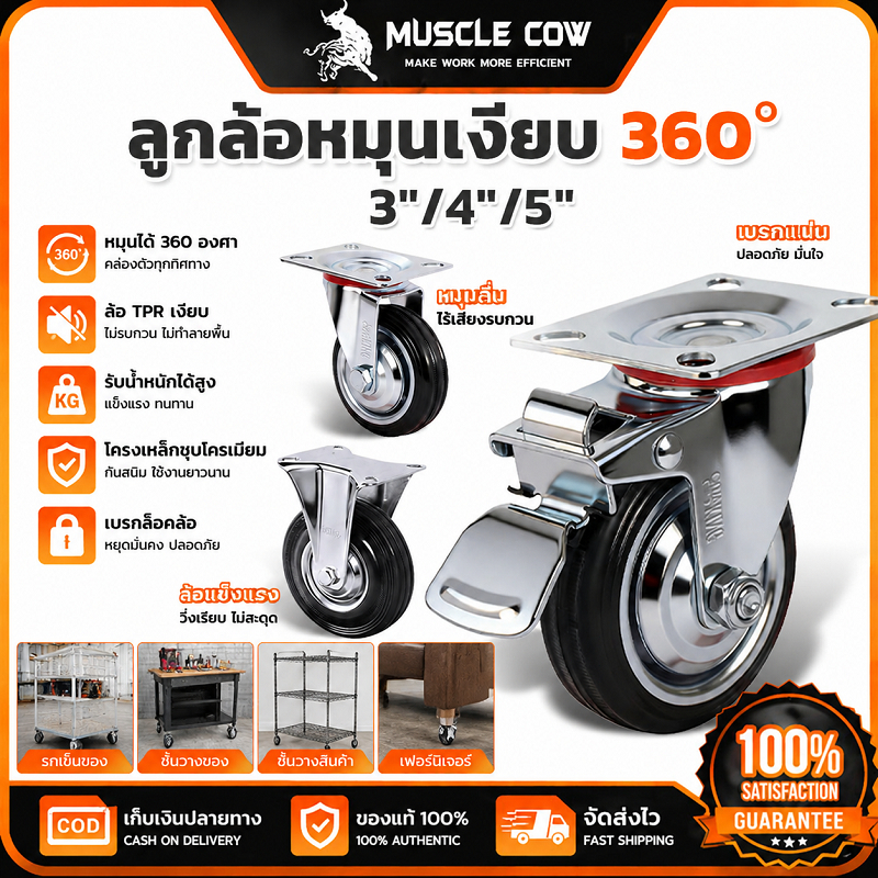 MUSCLE COW ลูกล้อหมุน360° 3"/4"/5" ล้อTPRเงียบ มีเบรกล็อค รับน้ำหนักสูง ติดตู้รถเข็นชั้นวางของ