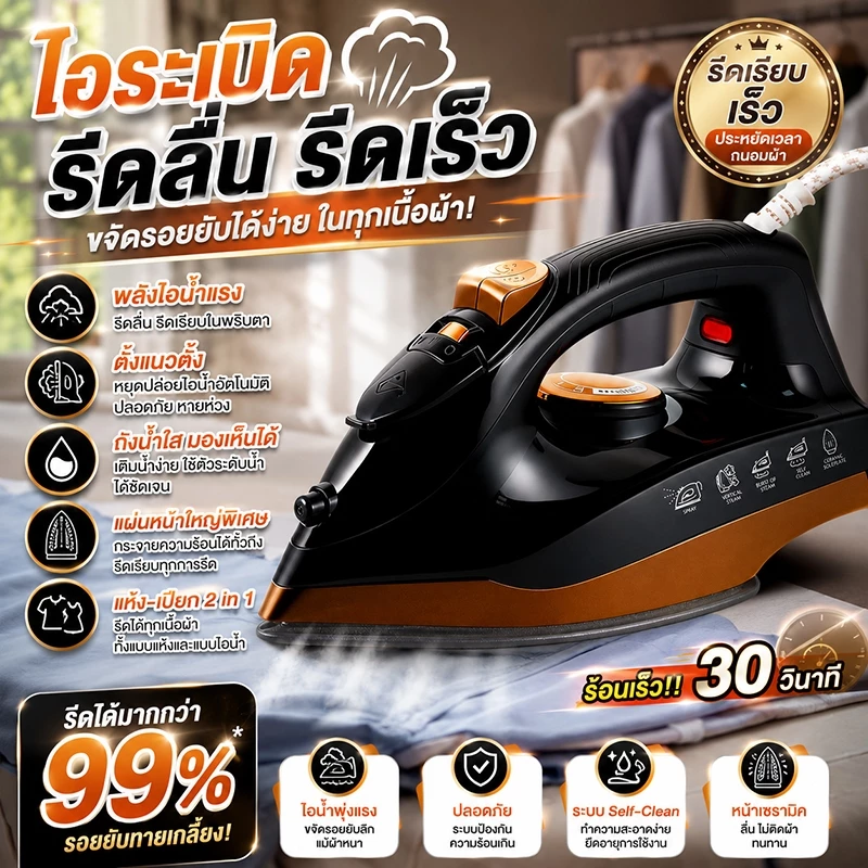 MEIC เตารีด 2800W รีดเสื้อผ้าทั้งหมดของคุณในหนึ่งวินาที เตารีดแห้ง ถังน้ำ 350ml เตารีดไอน้ํา