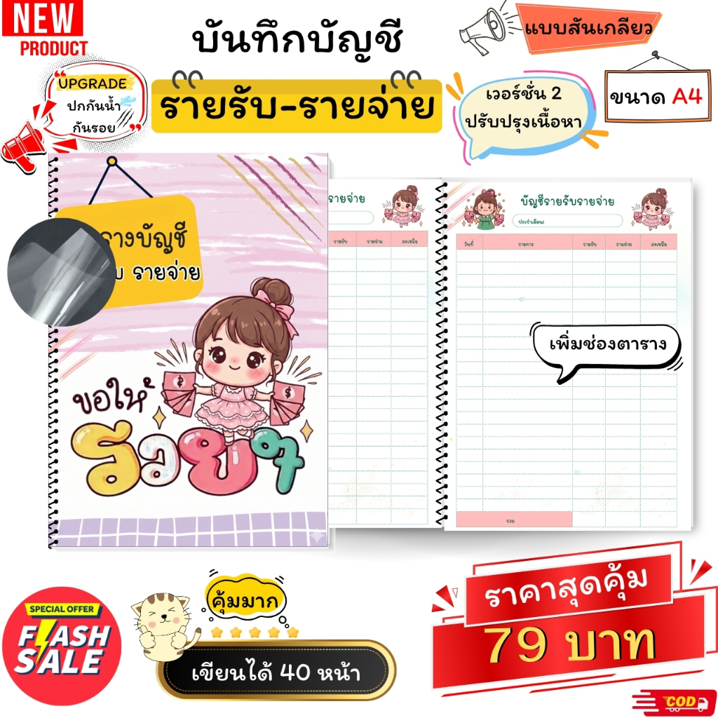 สมุดบันทึกรายรับรายจ่าย สีทั้งเล่ม ขนาด A5 เข้าเล่มแบบสันเกลียว ปกหนา 180  แกรม รวม 42 หน้า  คุ้มค่า
