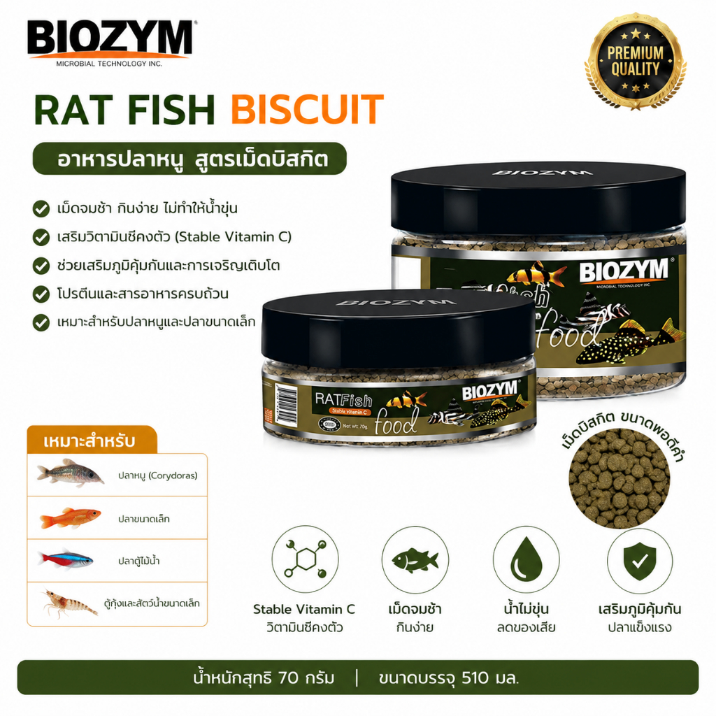 BIOZYM Rat Fish Biscuit BD3201 อาหารปลาหนู สูตรวิตามินซีคงตัว 70g อาหารปลาก้นตู้ Corydoras เม็ดจมช้า น้ำไม่ขุ่น อาหารปลา