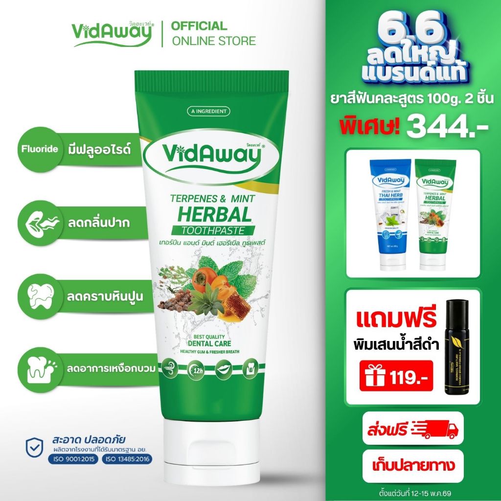 Vidaway Terpenes & Mint ยาสีฟันสมุนไพรสูตรเขียว ดูแลเหงือก ฟันสะอาด ลมหายใจหอมสดชื่น