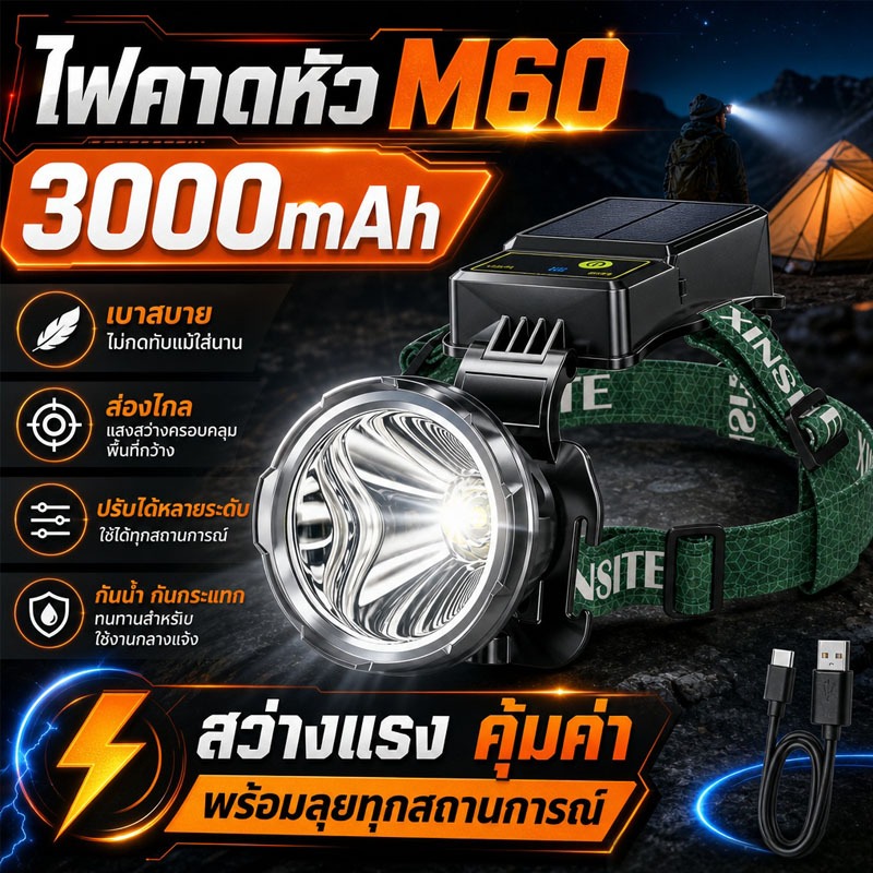 ไฟฉายคาดศีรษะ แหล่งแสงสว่างสูง ส่องไกล 100 เมตร ปรับระดับได้หลายระดับ กันน้ำกันกระแทก  แถบคาดศีรษะนุ่ม