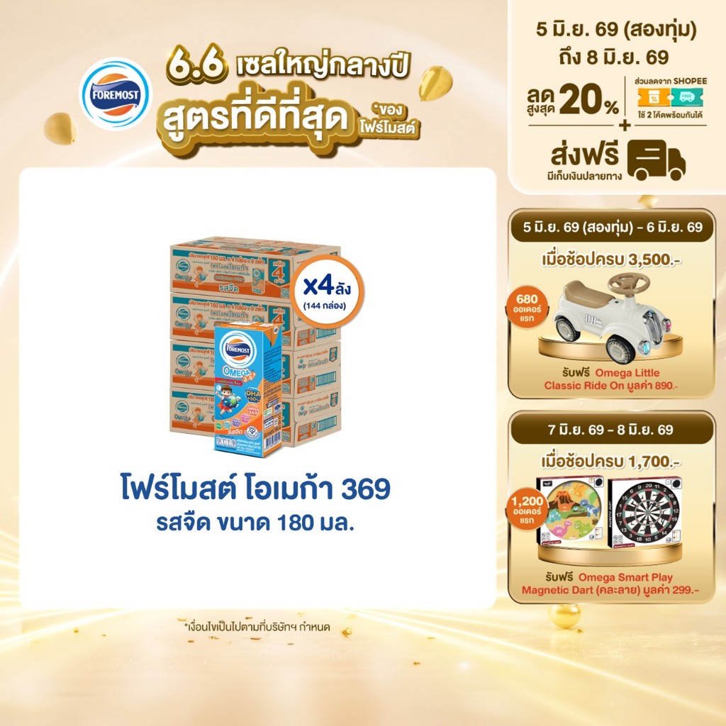 [ขายยกลังx4] โฟร์โมสต์ โอเมก้า 369 รสจืด 180มล (36กล่อง/ลัง) Foremost Omega 369 Plain 180ml (นมกล่องUHT)