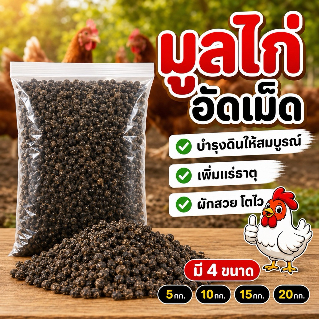 มูลไก่อัดเม็ดแท้ ดินดี พืชโตไว ผลผลิตเพิ่ม ฟื้นฟูดิน หว่านง่าย กลิ่นอ่อน 1 กก.